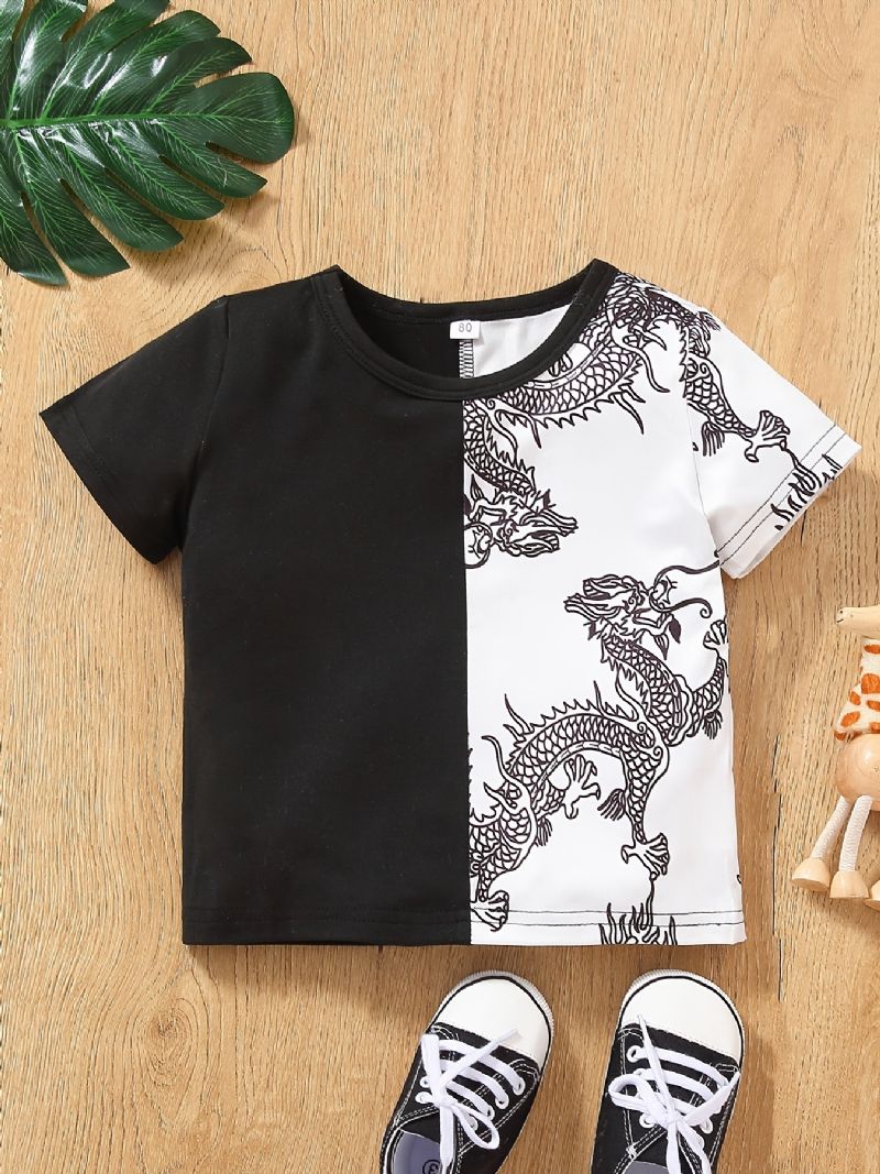 Baby Gutter Casual Color Block Dragon Print T-skjorte Kortermet Crew Neck Topp Hvit Svart