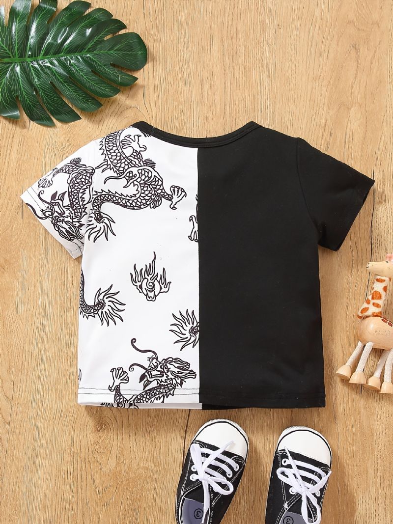 Baby Gutter Casual Color Block Dragon Print T-skjorte Kortermet Crew Neck Topp Hvit Svart