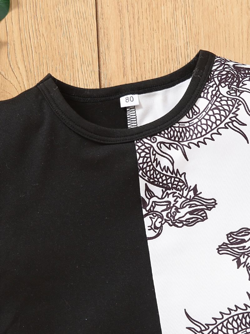 Baby Gutter Casual Color Block Dragon Print T-skjorte Kortermet Crew Neck Topp Hvit Svart