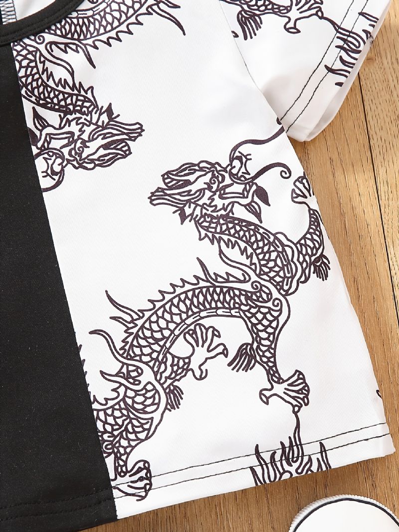 Baby Gutter Casual Color Block Dragon Print T-skjorte Kortermet Crew Neck Topp Hvit Svart