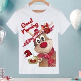 Baby Gutter Casual Søt Elg Print T-skjorte Med Rund Hals Kortermet Topp Til Julefest