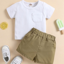 Baby Gutter Casual T-skjorte I Solid Bomull Og Shorts Med Elastisk Midje