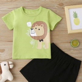 Baby Gutter Casual Tegneserie Løvetrykk T-skjorte Og Solid Shortssett