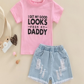 Baby Jenter Letter Print T-skjorte Topp & Denim Shortssett Sommerantrekk Barneklær