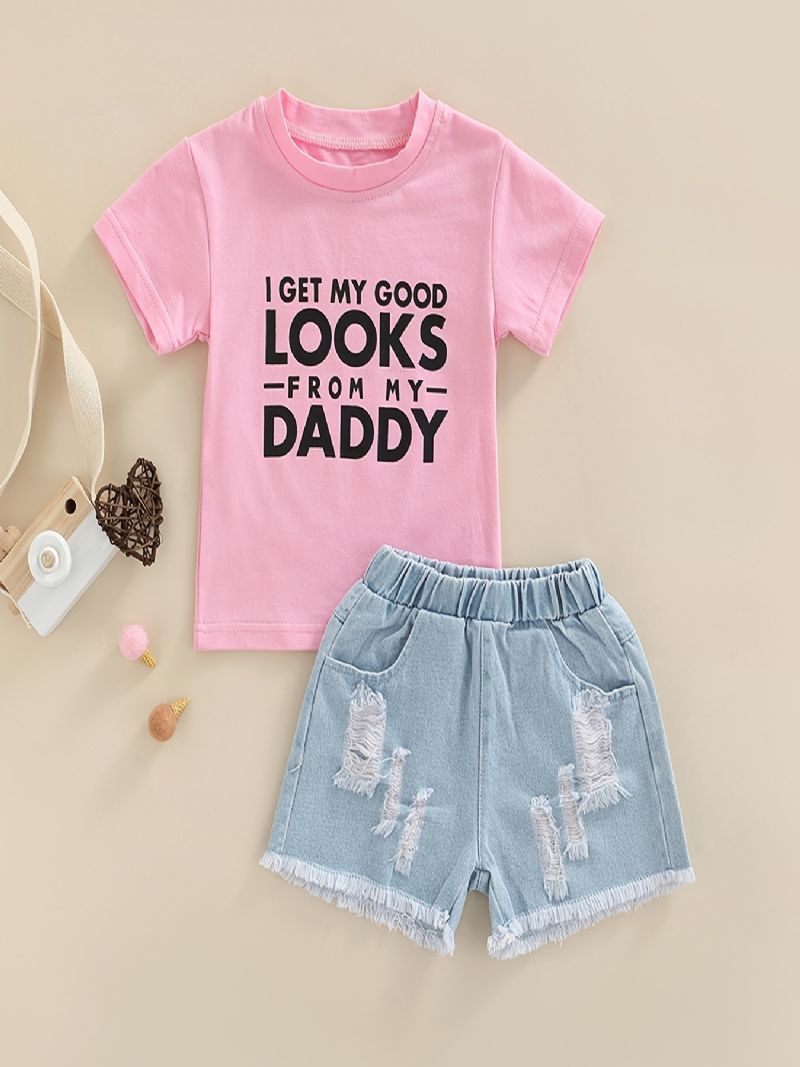 Baby Jenter Letter Print T-skjorte Topp & Denim Shortssett Sommerantrekk Barneklær