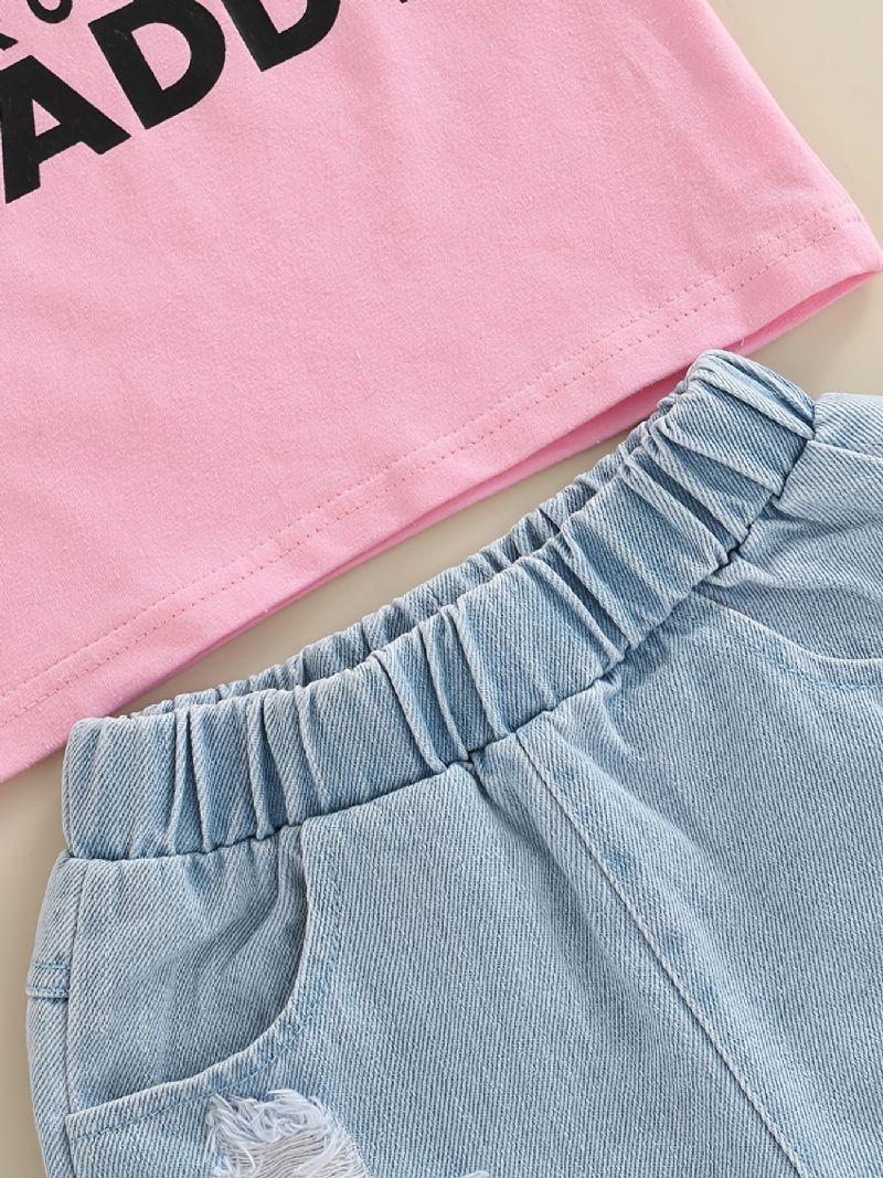 Baby Jenter Letter Print T-skjorte Topp & Denim Shortssett Sommerantrekk Barneklær