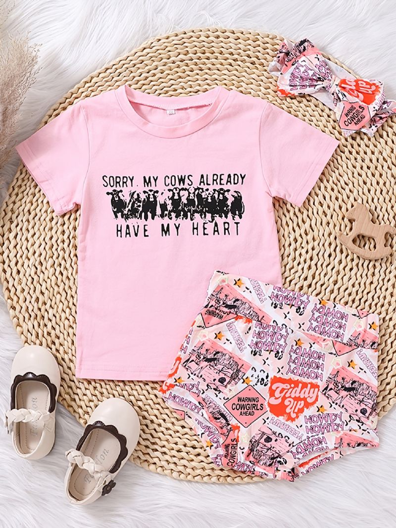 Baby Jenter T-skjorte Med Rund Hals Og Grafisk Mønster Kort Og Pannebåndsett Babyklær Antrekk