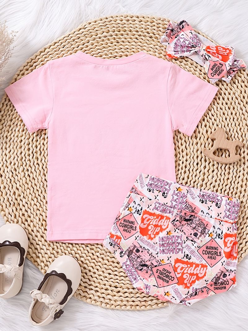 Baby Jenter T-skjorte Med Rund Hals Og Grafisk Mønster Kort Og Pannebåndsett Babyklær Antrekk