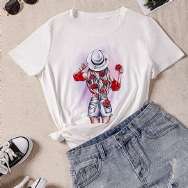Blomster- Og Jenter Med Grafisk Trykk Solid T-skjorte Med Rund Hals Kortermet Fritidstopp For Vår Og Sommer Dameklær