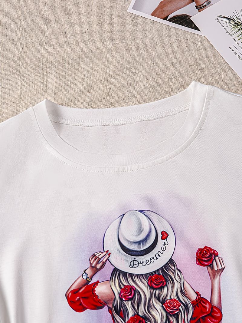 Blomster- Og Jenter Med Grafisk Trykk Solid T-skjorte Med Rund Hals Kortermet Fritidstopp For Vår Og Sommer Dameklær