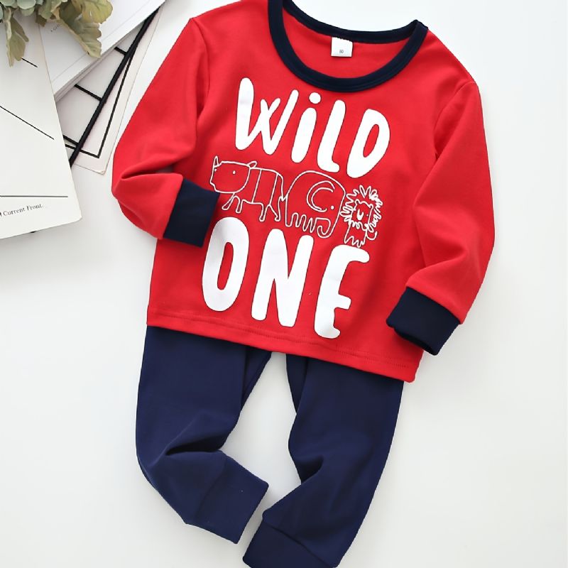 Guttens Letter Wild One Crew Neck Cotton Langermet T-skjorte Jogger Joggebuksesett