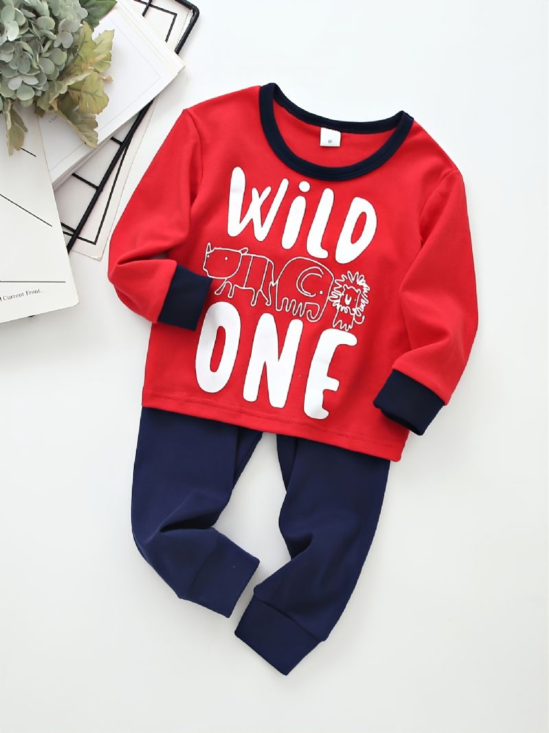 Guttens Letter Wild One Crew Neck Cotton Langermet T-skjorte Jogger Joggebuksesett