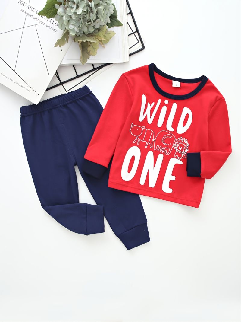 Guttens Letter Wild One Crew Neck Cotton Langermet T-skjorte Jogger Joggebuksesett