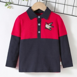 Gutter Casual Color Block Bomull Polo Neck Langermet T-skjorte Med Eagle Brodery