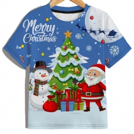 Gutter T-skjorte Med Rund Hals Casual Crop Sleeve 3d-mønster Digital Print Christmas Tee