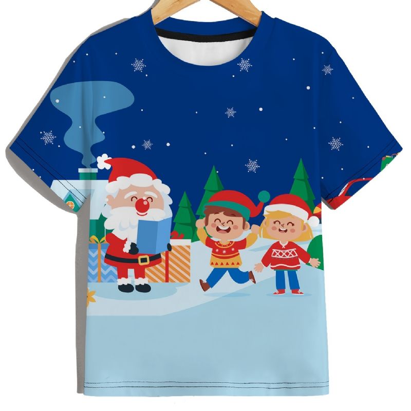 Gutter T-skjorte Med Rund Hals Casual Crop Sleeve 3d-mønster Digital Print Christmas Tee