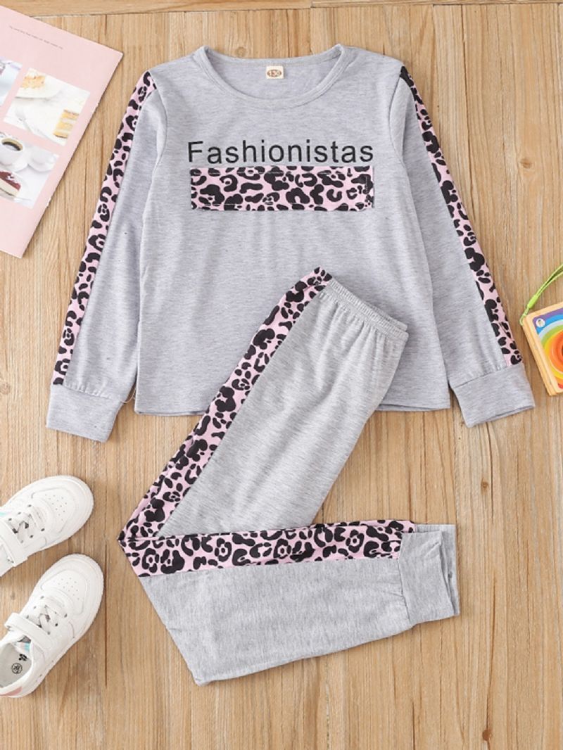 Jenter Black Patchwork Leopard Crew Neck Langermet & Pants Loungewear