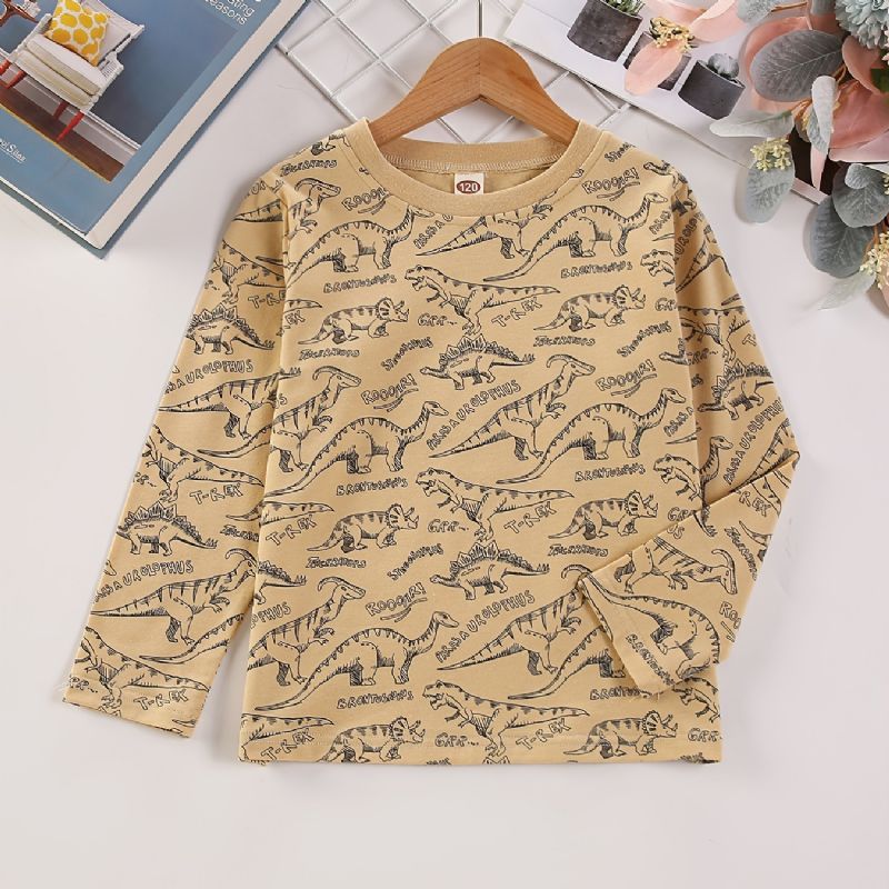 Jenter Casual Pullover Langermet Crew Neck T-skjorte Med Tegneserie Dinosaur Print