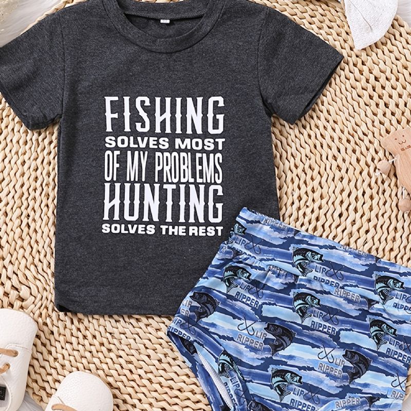 Jenter Causal Fishing Print T-skjorte & Fish Shorts & Bow Head Tie Rope