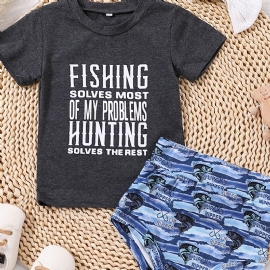 Jenter Causal Fishing Print T-skjorte & Fish Shorts & Bow Head Tie Rope