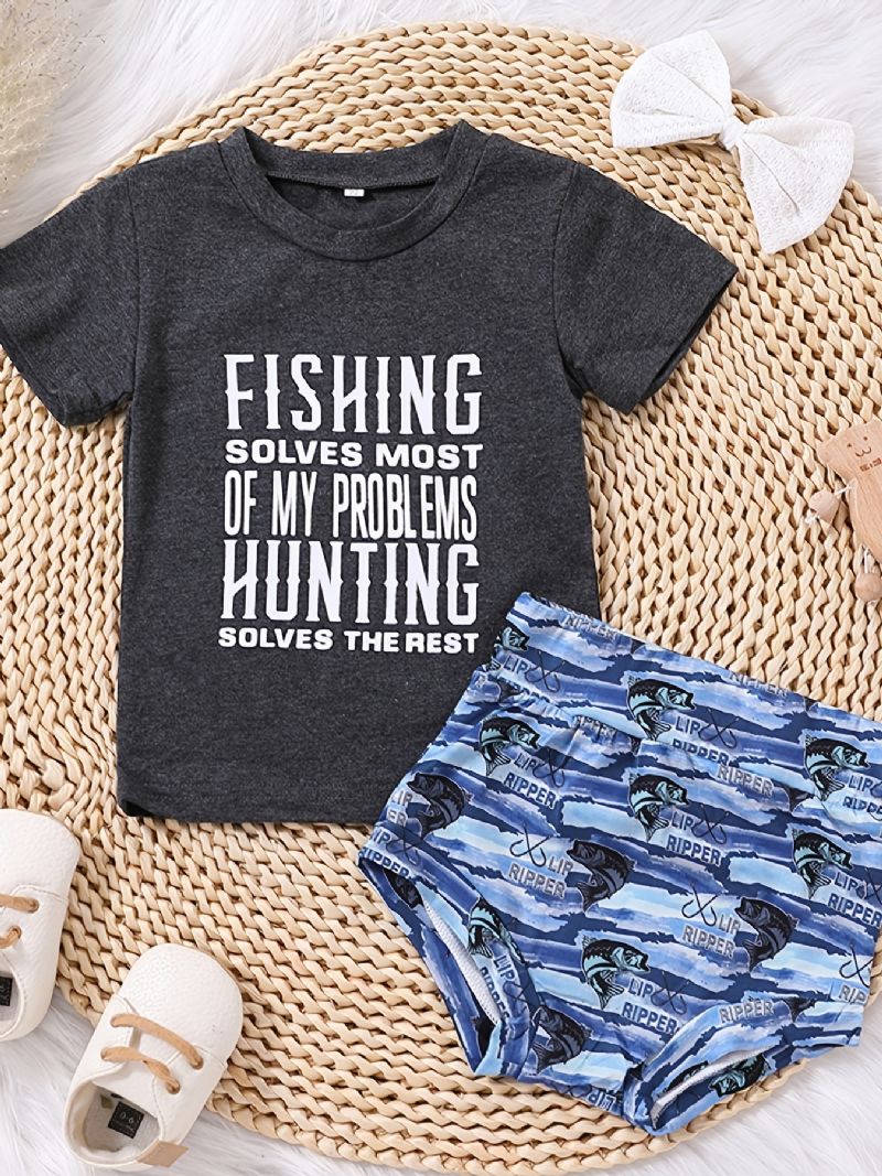 Jenter Causal Fishing Print T-skjorte & Fish Shorts & Bow Head Tie Rope