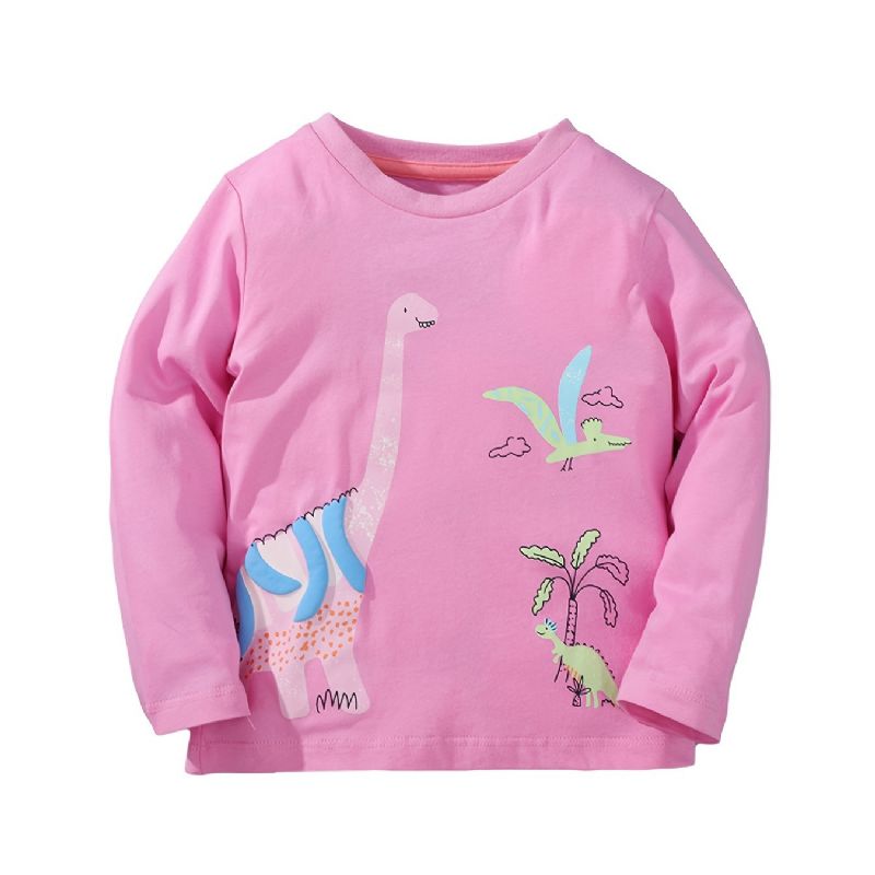 Jenter Long Sleeve Tee Dinosaur Print Rosa T-skjorte Med Rund Hals