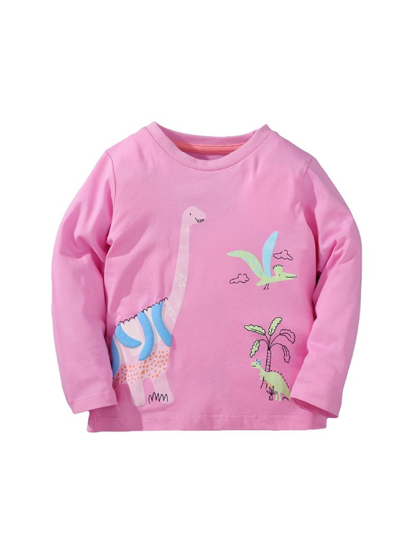 Jenter Long Sleeve Tee Dinosaur Print Rosa T-skjorte Med Rund Hals