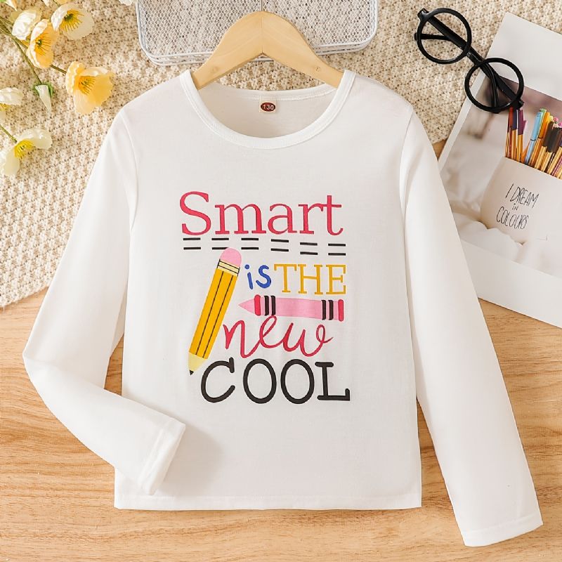 Jenter Søt Blyant Letter Print T-skjorte Crew Neck Langermet Topper For Winter White