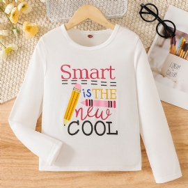 Jenter Søt Blyant Letter Print T-skjorte Crew Neck Langermet Topper For Winter White