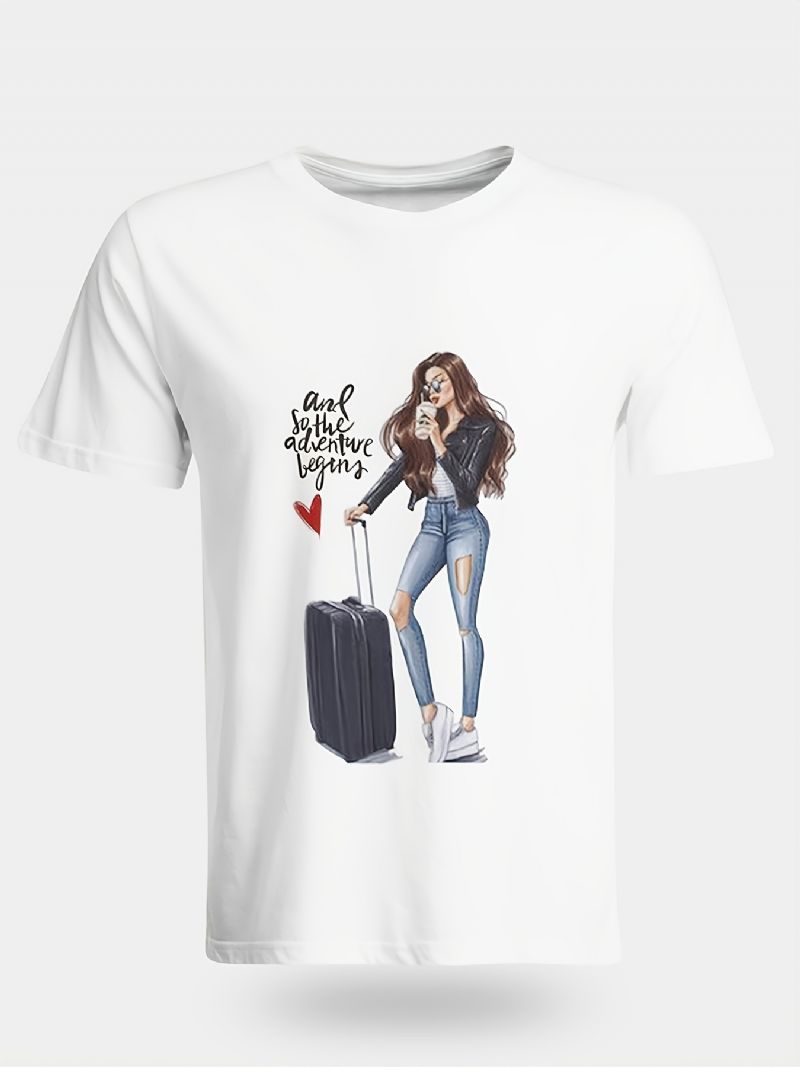 Luggage Jenter Print Crew Neck T-skjorte Casual Løs Kortermet Mote Sommer T-skjorter Overdeler Dameklær