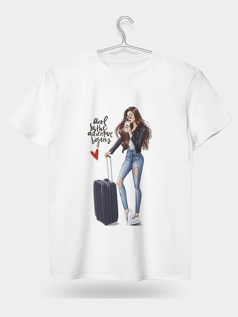 Luggage Jenter Print Crew Neck T-skjorte Casual Løs Kortermet Mote Sommer T-skjorter Overdeler Dameklær