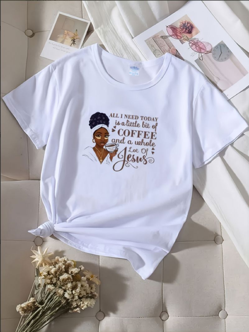T-skjorte For Kvinner Uformelt Brev Jenter Blomstertrykk Rund Hals Kortermet Løs Mote Sommer-t-skjorte