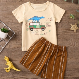 Uformelt Pyjamassett For Gutter Med Tegneserie-t-skjorte Med Dinosaurtrykk Og Stripete Shorts Til Hjemmet