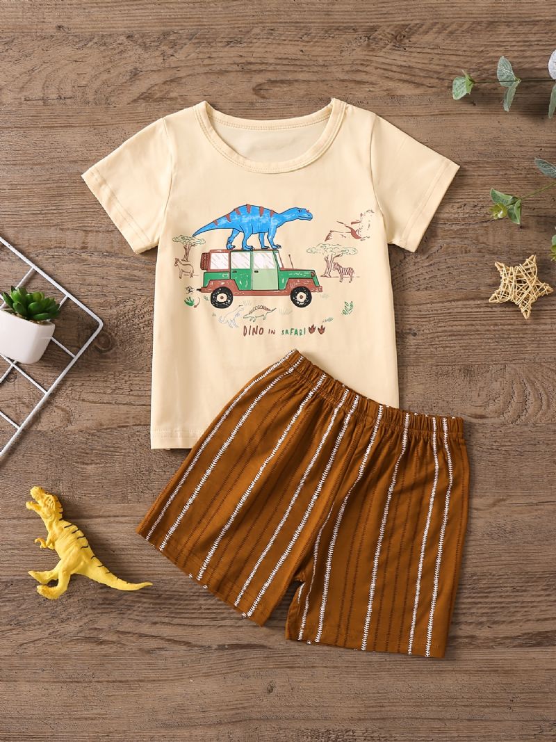 Uformelt Pyjamassett For Gutter Med Tegneserie-t-skjorte Med Dinosaurtrykk Og Stripete Shorts Til Hjemmet