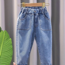 1 Stk Gutter Blå Casual Denim Jeans Med Lomme Til Vinter