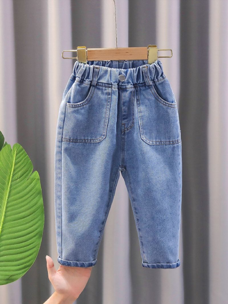 1 Stk Gutter Blå Casual Denim Jeans Med Lomme Til Vinter