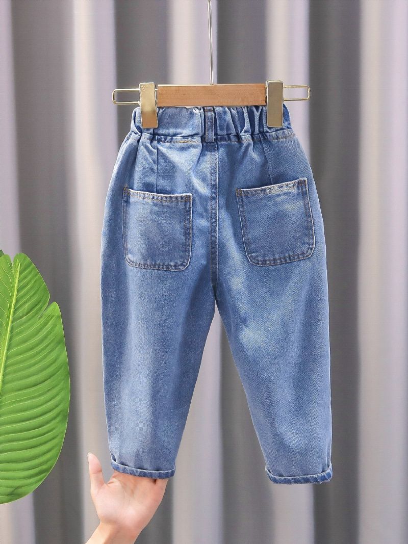 1 Stk Gutter Blå Casual Denim Jeans Med Lomme Til Vinter