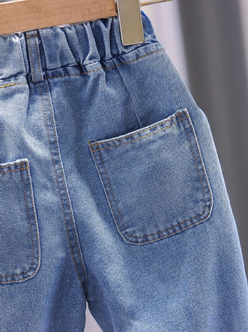 1 Stk Gutter Blå Casual Denim Jeans Med Lomme Til Vinter