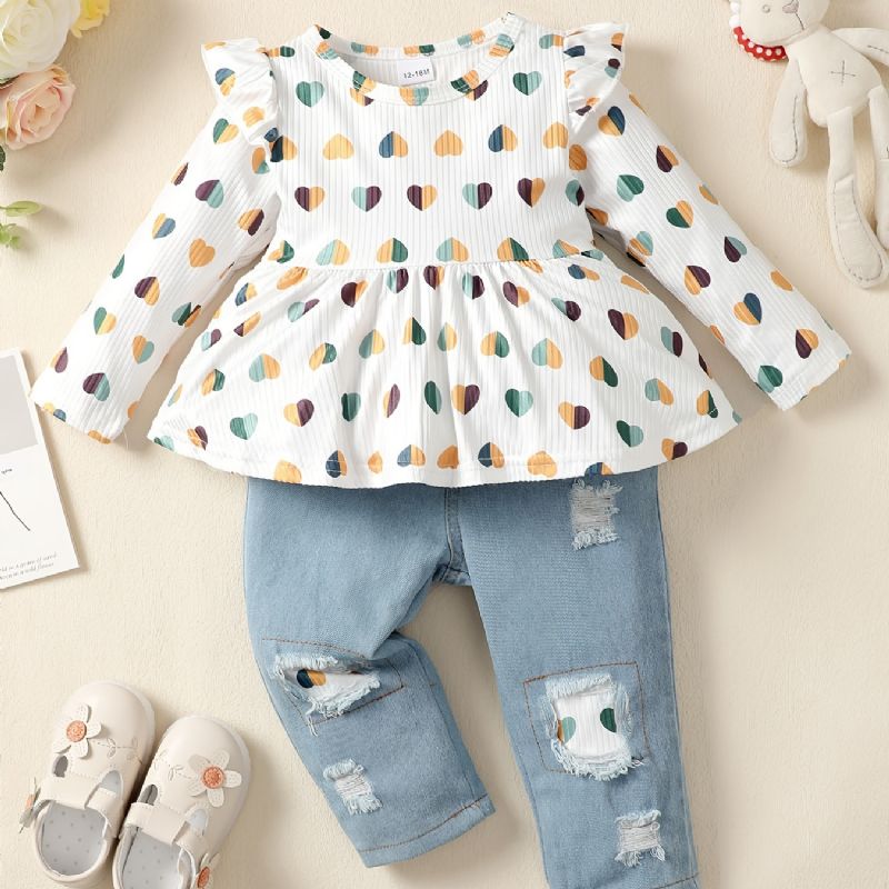 2 Stk Baby Jenter Heart Print Rund Hals Langermet Volanger Topp & Ripped Patchwork Jeanssett Barneklær