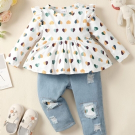 2 Stk Baby Jenter Heart Print Rund Hals Langermet Volanger Topp & Ripped Patchwork Jeanssett Barneklær