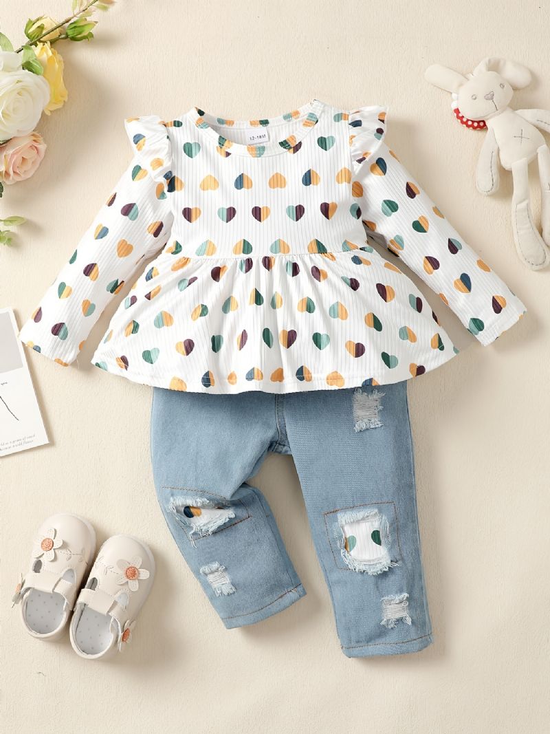 2 Stk Baby Jenter Heart Print Rund Hals Langermet Volanger Topp & Ripped Patchwork Jeanssett Barneklær