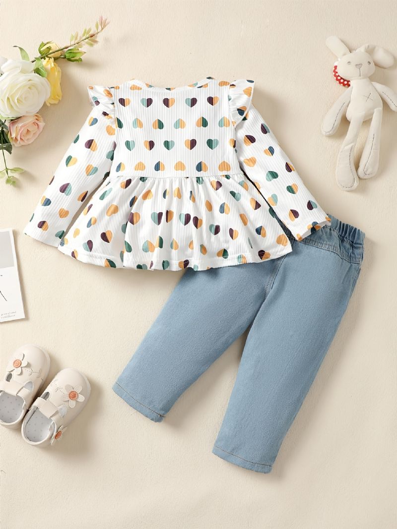 2 Stk Baby Jenter Heart Print Rund Hals Langermet Volanger Topp & Ripped Patchwork Jeanssett Barneklær