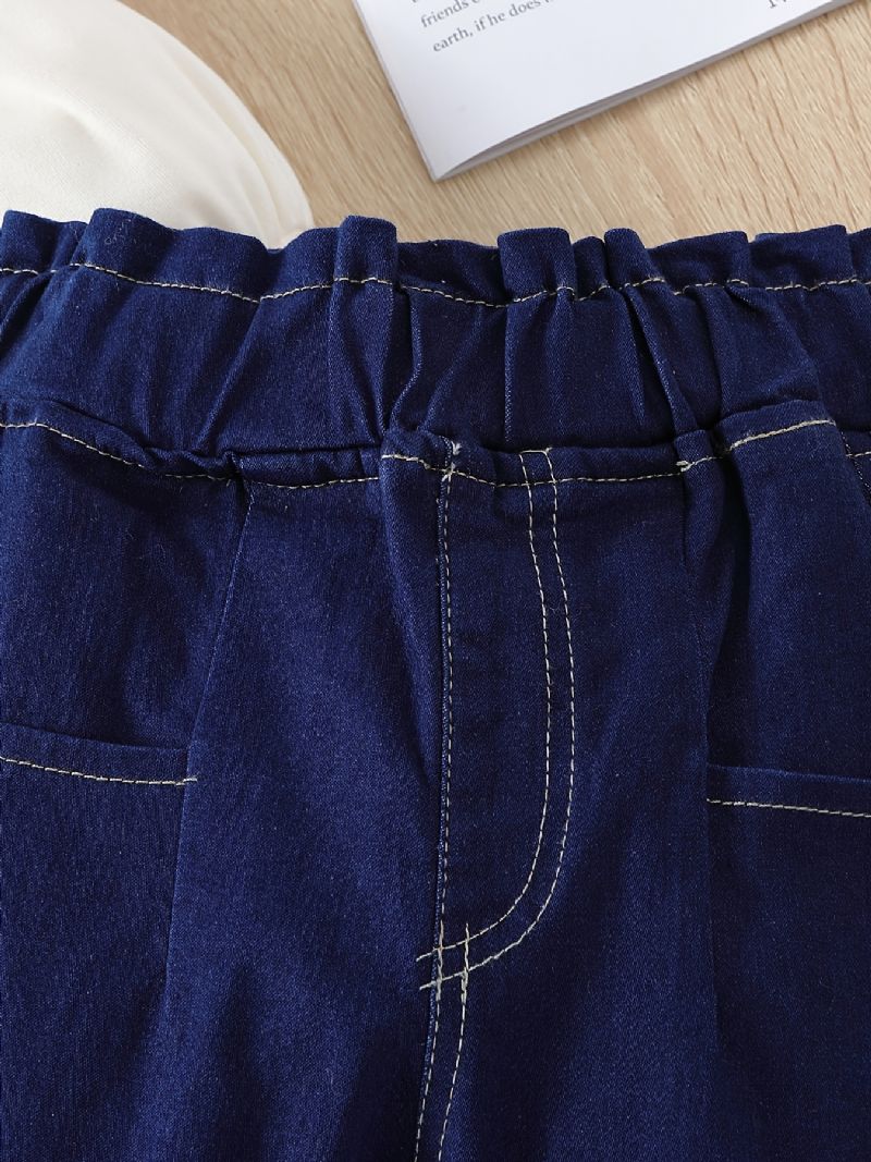 2stk Jenter Hvit Puffermer Topp Elastisk Midje Dongeri Jeans Buksesett Klær