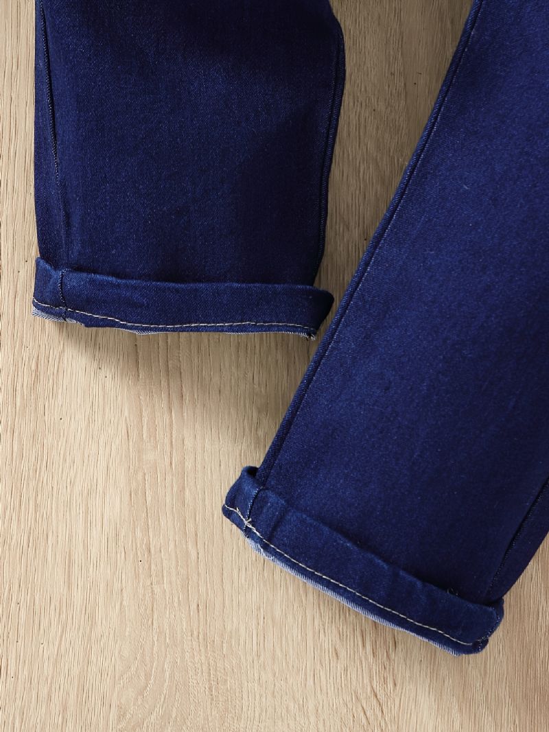 2stk Jenter Hvit Puffermer Topp Elastisk Midje Dongeri Jeans Buksesett Klær