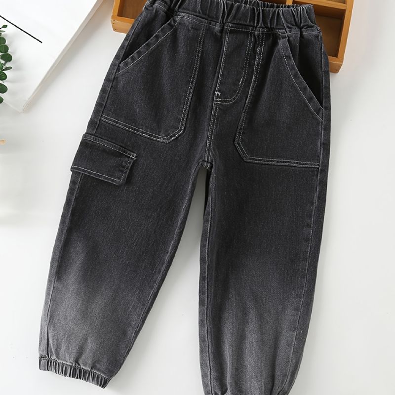 Avsmalnende Jeans For Gutter Med Elastisk Linning Og Lommer