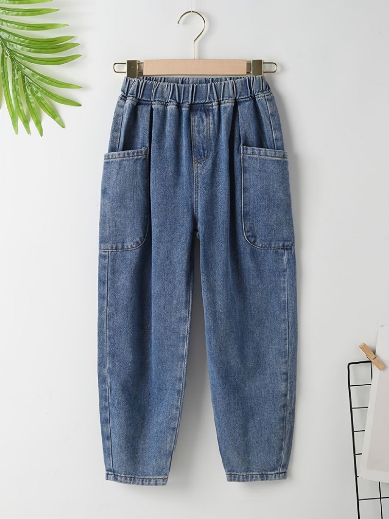 Avsmalnende Jeans I Bomull For Gutter Med Lommer Og Elastisk Linning