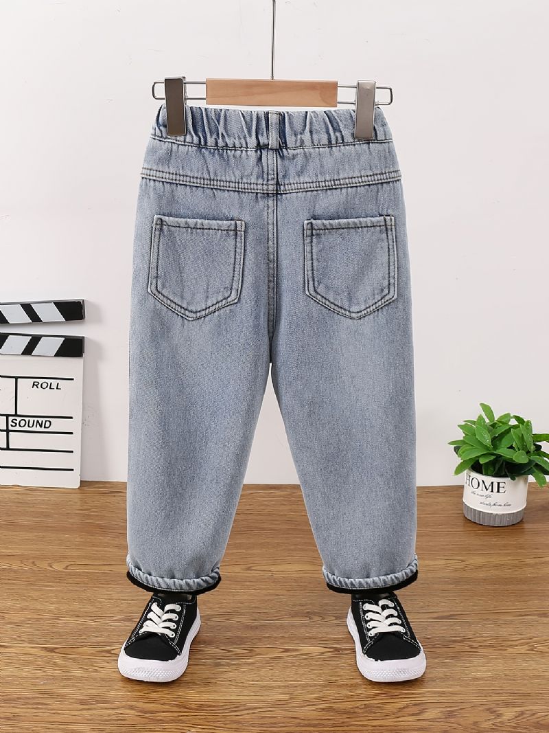 Baby Gutter Jeans Casual Plysj Varm Elastisk Midjebukser Barneklær