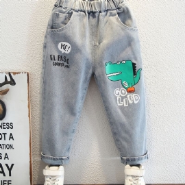 Baby Gutter Jeans Elastisk Midje Dinosaur Print Dongeribukser Barneklær