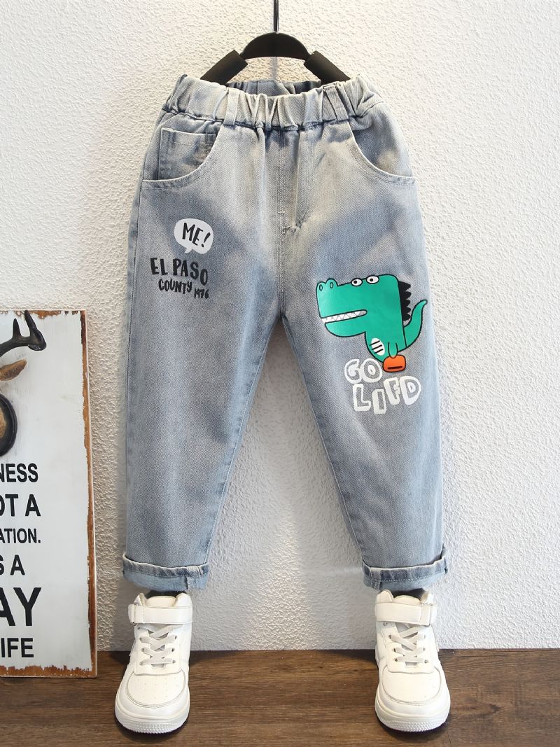 Baby Gutter Jeans Elastisk Midje Dinosaur Print Dongeribukser Barneklær