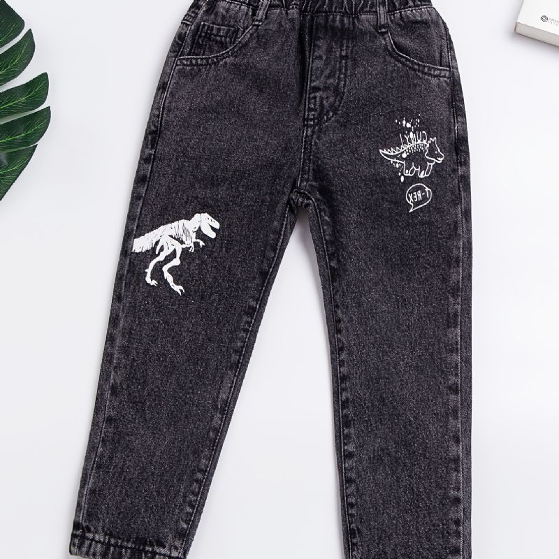 Baby Gutter Retro Jeans Casual Dinosaur Print Elastisk Midje Dongeribukser Barneklær